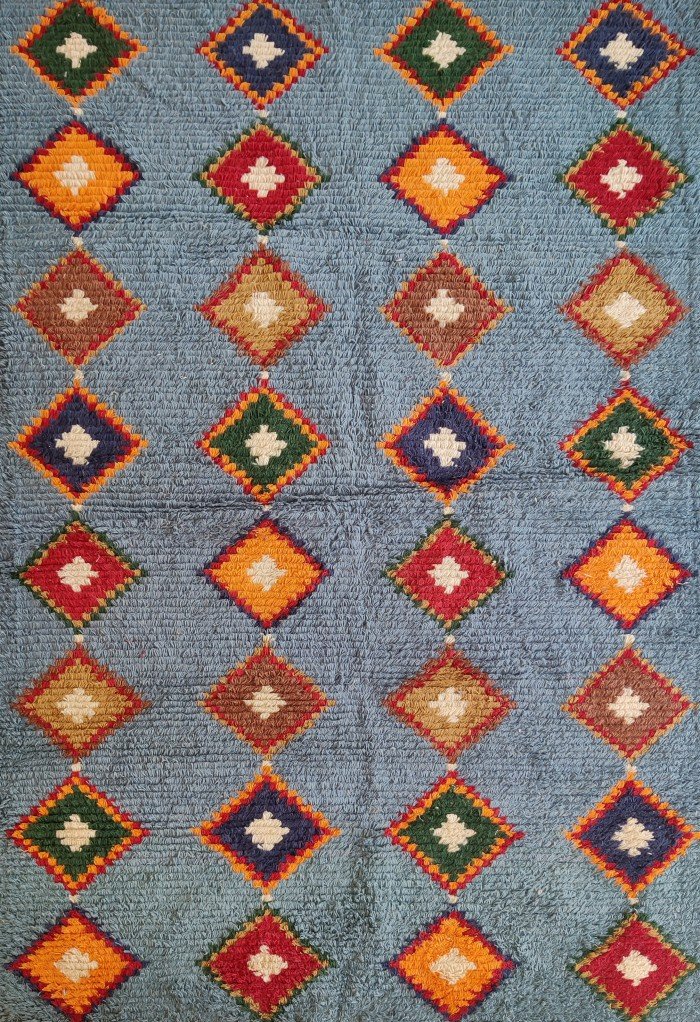 Handmade Moroccan Wool Rug – Sky Blue Diamond Pattern Boho Area Rug, Custom Size Available