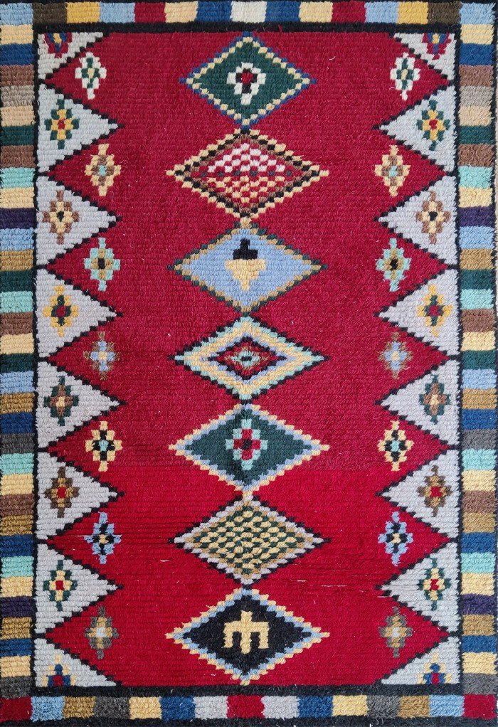 Premium Moroccan Wool Rug | Red & Multicolor Diamond Carpet for Living Room & Bedroom