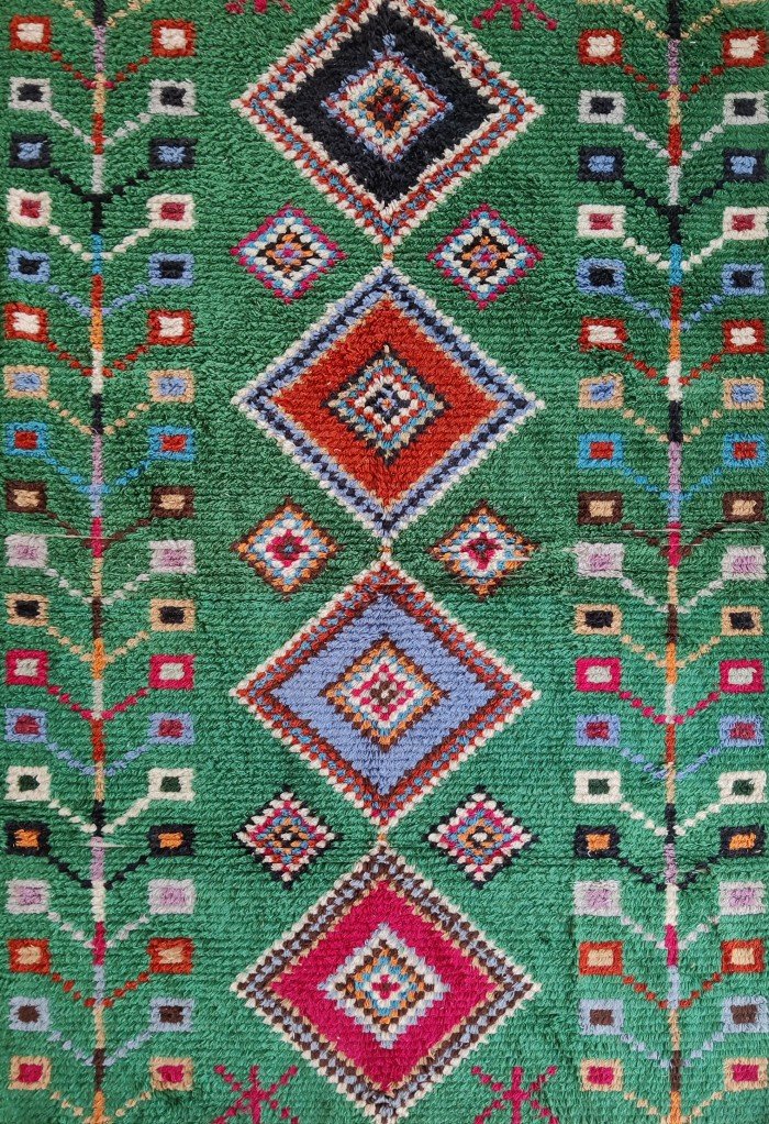 Diamond Pattern Geometric Shag Carpet, Emerald Green Carpet for Hallway & Bedroom, Bohemian Green Moroccan Carpet