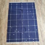 Navy Blue Grid Wool Area Rug, Rectangular Windowpane Rug for Living Room, Modern Minimalist Bedroom Decor view 3