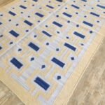 Geometric Blue & Cream Wool Area Rug for Living Room, Boho Geometric Rectangular Area Rug in Cotton Wool view 9