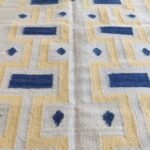 Geometric Blue & Cream Wool Area Rug for Living Room, Boho Geometric Rectangular Area Rug in Cotton Wool view 6