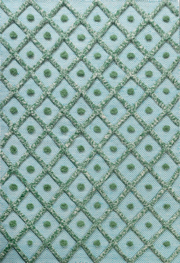 Handwoven Cotton Wool Rug | Mint Green Tufted Diamond Area Rug | Boho Textured Carpet | Bohemian Geometric Room Decor | Handloom Rug