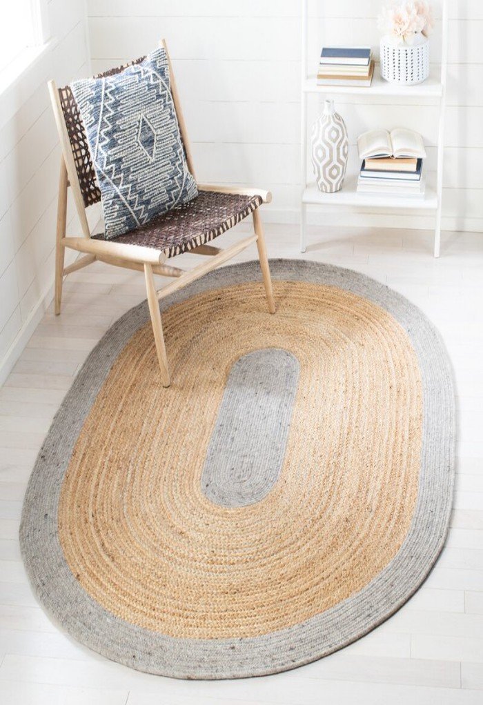 Handmade Oval Braided Jute Area Rug - Natural and Grey Two-Tone Reversible Mat, Reversible Hand-Braided Jute Oval Runner Rug