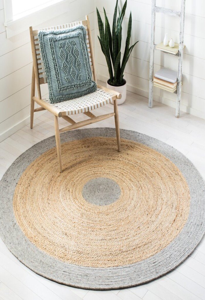 Braided Jute Rug Round | Natural and Gray Two Tone Floor Mat | Coastal Living Room Decor | Handmade Flatweave | Circular Jute Carpet
