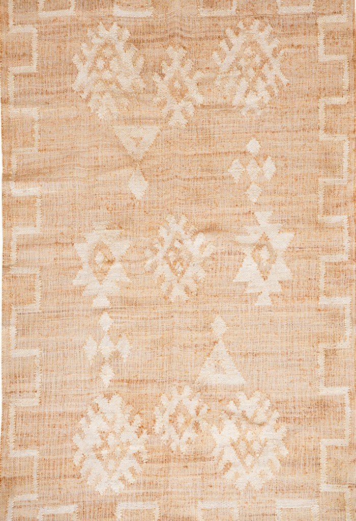 Handwoven Natural Jute & Cotton Area Rug with White Geometric Tribal Pattern, Eco-Friendly Natural Jute Cotton Reversible Rug
