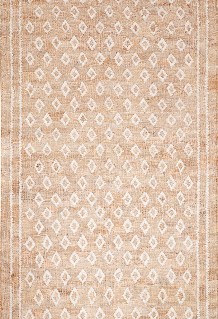 Handwoven Natural Jute & Cotton Area Rug with White Diamond Geometric Pattern, Eco-Friendly Cotton Jute Blend Rug