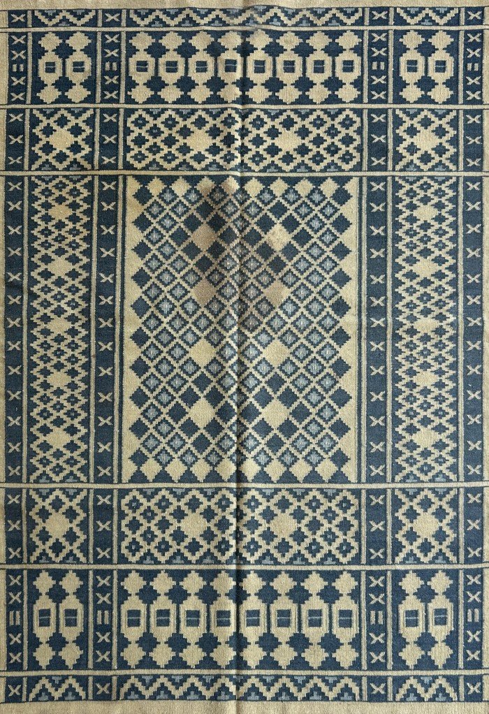 Navy Blue Southwestern Wool Area Rug, Rectangular Tribal Geometric Cotton Rug for Living Room, Farmhouse Bedroom Decor