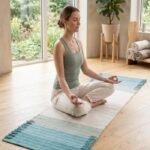 Eco-Friendly Cotton Yoga Rug | Washable Teal Blue Ashtanga Mat | Non-Toxic Natural Fiber Meditation Runner | Handloom Fringe Workout Mat view 9