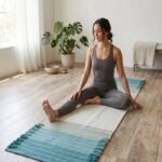 Eco-Friendly Cotton Yoga Rug | Washable Teal Blue Ashtanga Mat | Non-Toxic Natural Fiber Meditation Runner | Handloom Fringe Workout Mat view 8