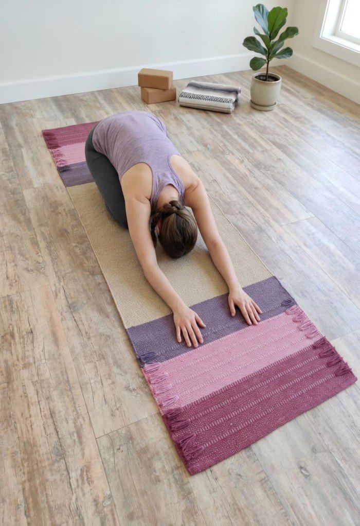 Woven Cotton Yoga Mat with Fringe, Pink & Beige Color Block Meditation Rug, Boho Eco-Friendly Ashtanga Mat, Minimalist Workout Runner