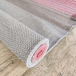 Pink and Grey Cotton Yoga Mat | Handwoven Color Block Meditation Rug with Fringe | Boho Washable Pilates Mat | Woven Workout Rug view 8