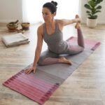 Pink and Grey Cotton Yoga Mat | Handwoven Color Block Meditation Rug with Fringe | Boho Washable Pilates Mat | Woven Workout Rug view 1