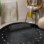 Round Black Jute Rug | Hand Braided Circle Area Rug | Boho Modern Farmhouse Decor | Scalloped Edge Natural Fiber Carpet | Custom Size view 1