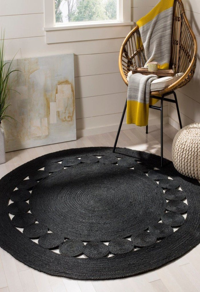 Round Black Jute Rug | Hand Braided Circle Area Rug | Boho Modern Farmhouse Decor | Scalloped Edge Natural Fiber Carpet | Custom Size