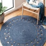 Navy Blue Oval Jute Rug | Hand Braided Scalloped Edge Area Rug | Boho Coastal Living Decor | Solid Blue Circle Border Carpet | Custom Size view 1