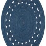 Navy Blue Oval Jute Rug | Hand Braided Scalloped Edge Area Rug | Boho Coastal Living Decor | Solid Blue Circle Border Carpet | Custom Size view 3