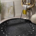 Round Black Jute Rug | Hand Braided Circle Area Rug | Boho Modern Farmhouse Decor | Scalloped Edge Natural Fiber Carpet | Custom Size view 3