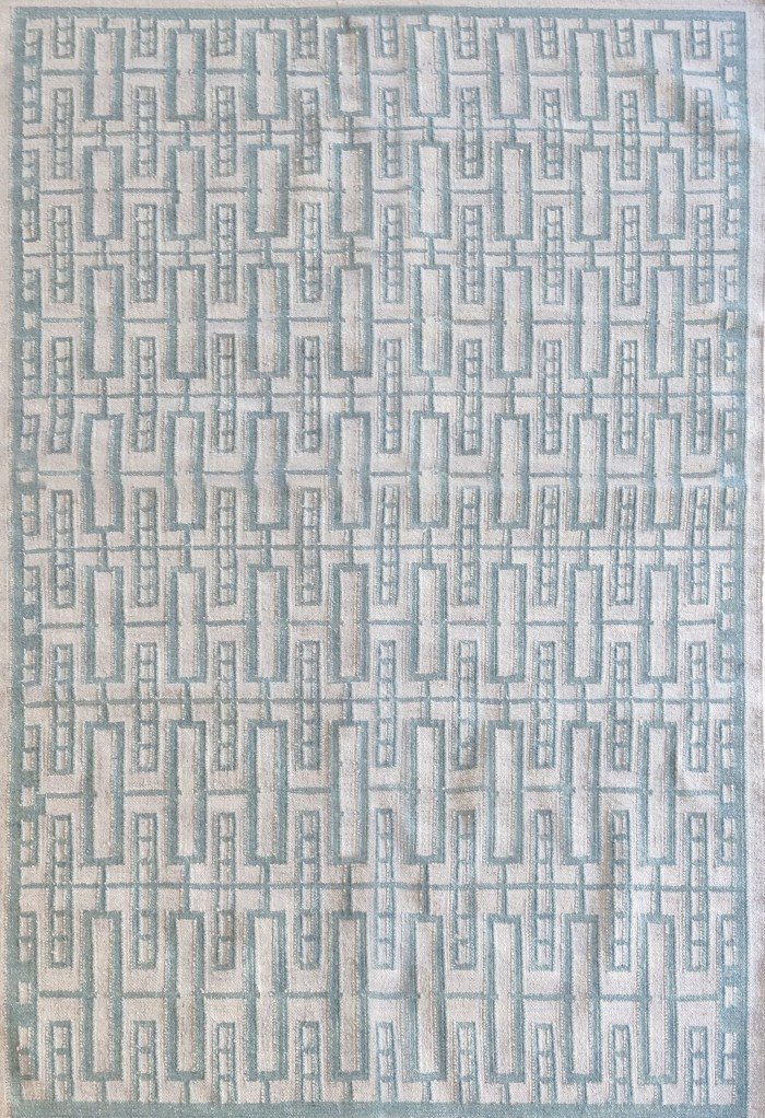 Aqua and Cream Geometric Cotton Wool Rug, Rectangular Trellis Area Rug for Living Room and Nursery
