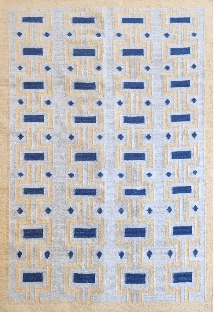 Geometric Blue & Cream Wool Area Rug for Living Room, Boho Geometric Rectangular Area Rug in Cotton Wool