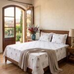Hand Block Printed 100% Cotton Sheet Set – Lavender Floral Motif on Crisp White, Boho Artisan Bedding view 24