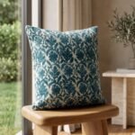 Indigo Blue Block Print Cushion Cover | Botanical Cotton Throw Pillow | Floral Motif Sofa Pillowcase | Boho Farmhouse Living Room Decor view 1