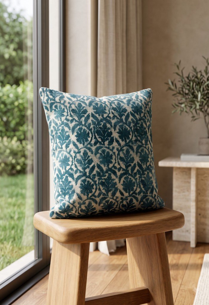 Indigo Blue Block Print Cushion Cover | Botanical Cotton Throw Pillow | Floral Motif Sofa Pillowcase | Boho Farmhouse Living Room Decor
