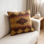 Textured Boho Accent Pillow – Brown & Mustard Aztec Tribal Woven Wool Couch Cushion view 8