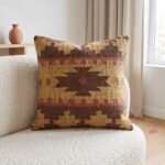 Textured Boho Accent Pillow – Brown & Mustard Aztec Tribal Woven Wool Couch Cushion view 1