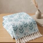Cotton Throw Blanket with Tassels | Floral Leaf Digital Print Blue Blanket | Summer Decorative Throw | Minimalist Scandi Bedding view 10