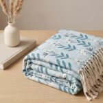 Cotton Throw Blanket with Tassels | Floral Leaf Digital Print Blue Blanket | Summer Decorative Throw | Minimalist Scandi Bedding view 2