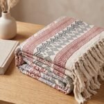 Indian Hand Block Print Cotton Throw Blanket | Boho Fringed Couch Throw | Red & Grey Geometric Sofa Cover | Bohemian Aesthetic Home Decor view 8
