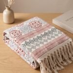 Indian Hand Block Print Cotton Throw Blanket | Boho Fringed Couch Throw | Red & Grey Geometric Sofa Cover | Bohemian Aesthetic Home Decor view 11