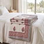 Indian Hand Block Print Floral Quilt | 100% Cotton Lightweight Summer Blanket | Pink Motif Boho Bedspread | Jaipuri Razai view 2