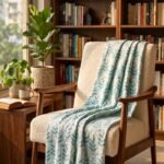 Cotton Throw Blanket with Tassels | Floral Leaf Digital Print Blue Blanket | Summer Decorative Throw | Minimalist Scandi Bedding view 4