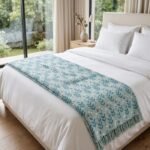 Cotton Throw Blanket with Tassels | Floral Leaf Digital Print Blue Blanket | Summer Decorative Throw | Minimalist Scandi Bedding view 5