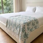 Cotton Throw Blanket with Tassels | Floral Leaf Digital Print Blue Blanket | Summer Decorative Throw | Minimalist Scandi Bedding view 6