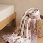 Indian Hand Block Print Floral Quilt | 100% Cotton Lightweight Summer Blanket | Pink Motif Boho Bedspread | Jaipuri Razai view 9