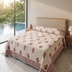 Indian Hand Block Print Floral Quilt | 100% Cotton Lightweight Summer Blanket | Pink Motif Boho Bedspread | Jaipuri Razai view 1