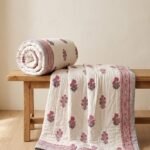 Indian Hand Block Print Floral Quilt | 100% Cotton Lightweight Summer Blanket | Pink Motif Boho Bedspread | Jaipuri Razai view 12