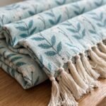 Cotton Throw Blanket with Tassels | Floral Leaf Digital Print Blue Blanket | Summer Decorative Throw | Minimalist Scandi Bedding view 8