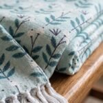 Cotton Throw Blanket with Tassels | Floral Leaf Digital Print Blue Blanket | Summer Decorative Throw | Minimalist Scandi Bedding view 11
