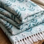Cotton Throw Blanket with Tassels | Floral Leaf Digital Print Blue Blanket | Summer Decorative Throw | Minimalist Scandi Bedding view 3