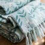 Cotton Throw Blanket with Tassels | Floral Leaf Digital Print Blue Blanket | Summer Decorative Throw | Minimalist Scandi Bedding view 9