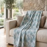 Cotton Throw Blanket with Tassels | Floral Leaf Digital Print Blue Blanket | Summer Decorative Throw | Minimalist Scandi Bedding view 1